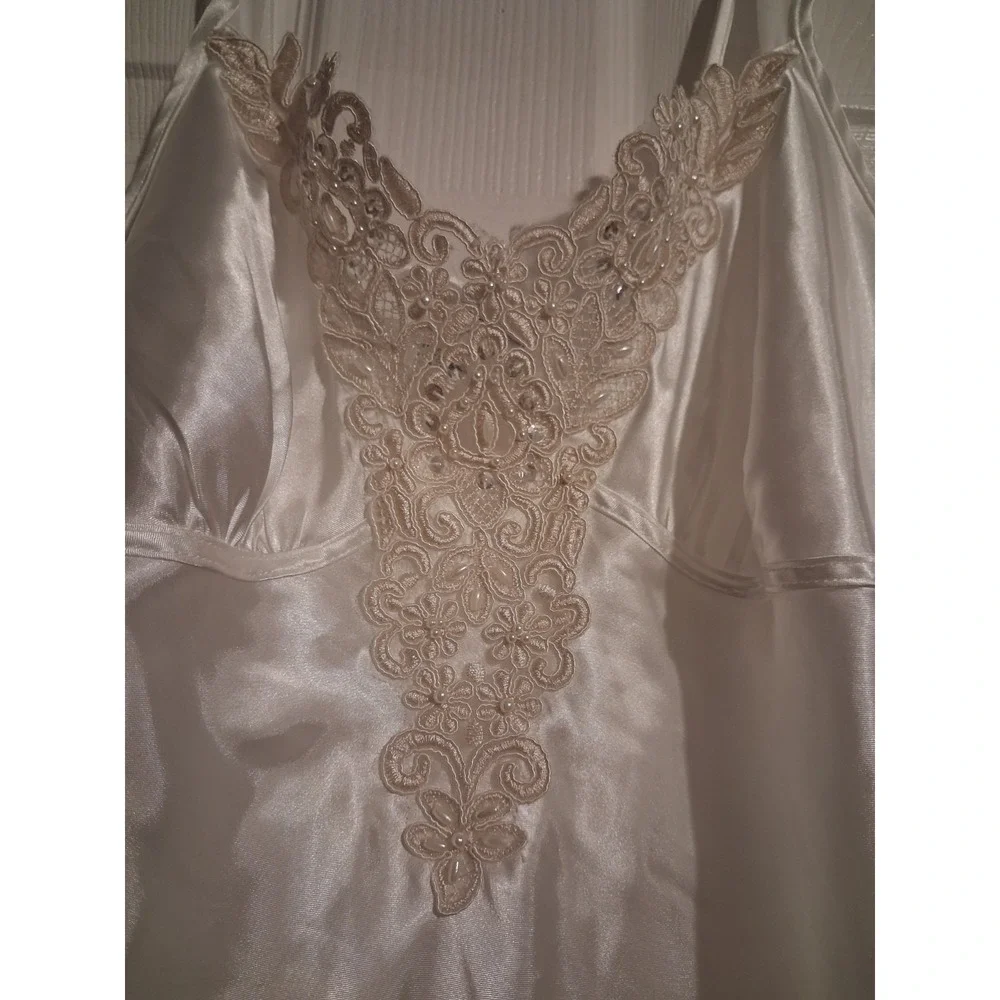 Ivory Satin Babydoll Cami Beaded Floral Lace Pearl Applique Coquette Fairy Y2K S
